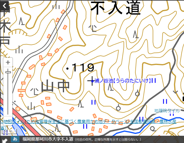取得基準未満の規模のため、地形図に表示されていないため池の例