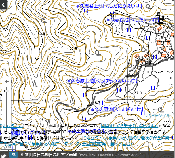 国土地理院地形図には表示されていないが和歌山県1:5,000森林基本図には表示されているため池