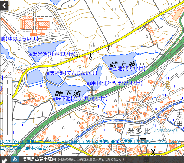 国土地理院地形図の名称(空池)とデータベースの名称(峠上池)が異なるため池の例