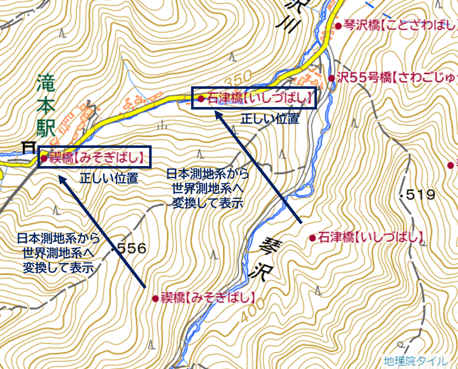 測地系変換で正しい位置に表示できた橋梁の例（東京都管理橋梁）