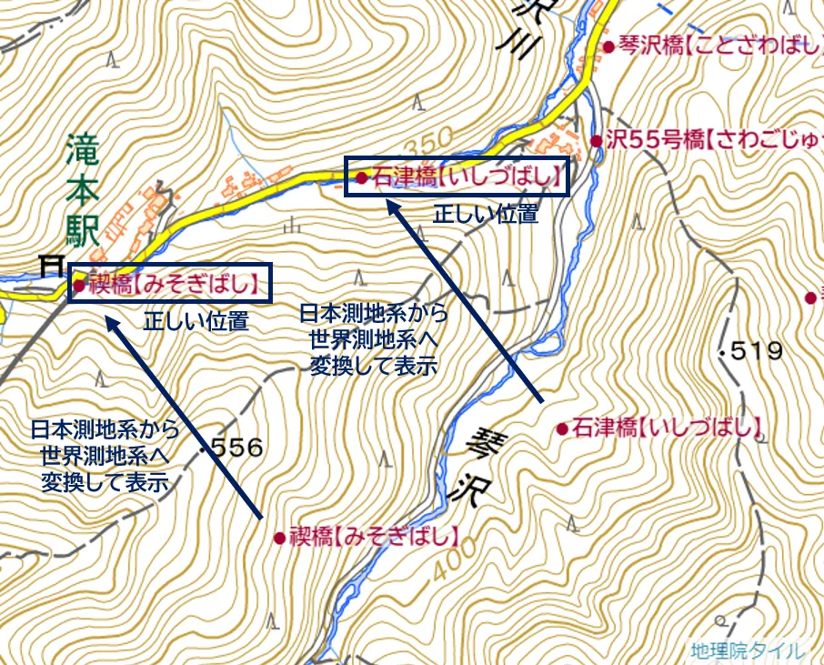 測地系変換で正しい位置に表示できた橋梁の例（東京都管理橋梁）