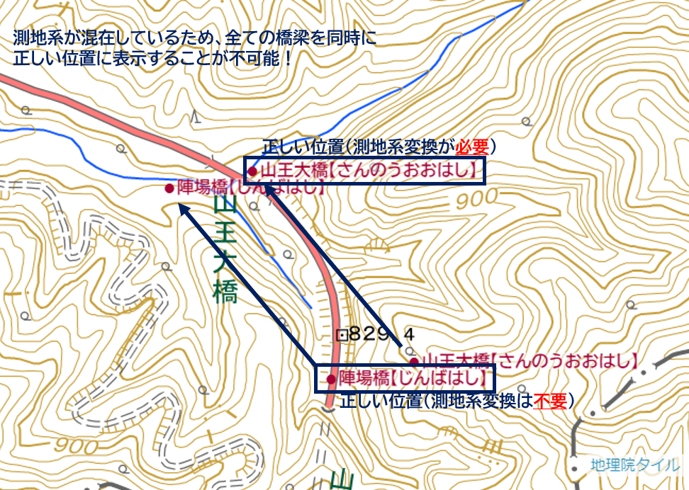 測地系が混在しており正しい位置に表示できない橋梁の例（福島県管理橋梁）