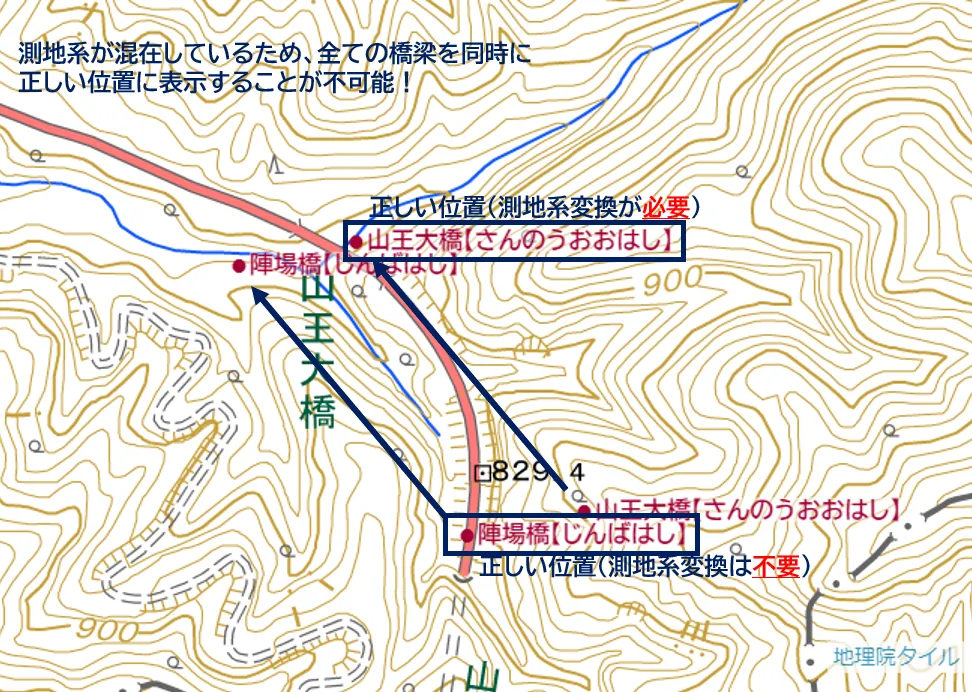 測地系が混在しており正しい位置に表示できない橋梁の例（福島県管理橋梁）