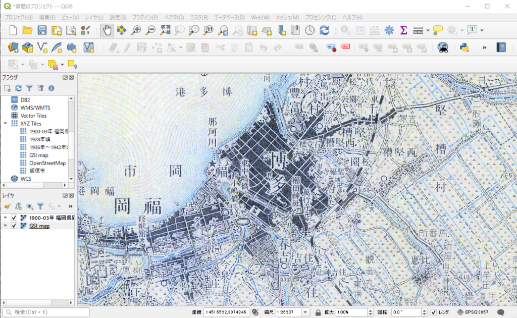 QGISでのQ地図タイルの表示例（Q地図タイル(国立国会図書館蔵・復刻許可、測量法に基づく国土地理院長承認（複製）R2JHf66)を転載したもの）