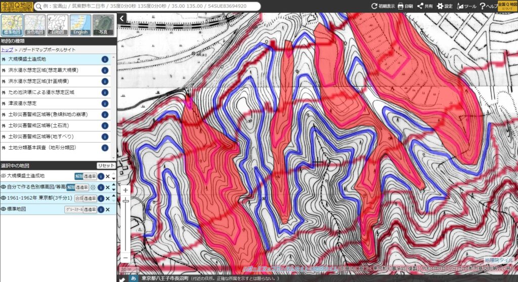 盛土・切土の解析例（塗りつぶしが盛土の範囲）