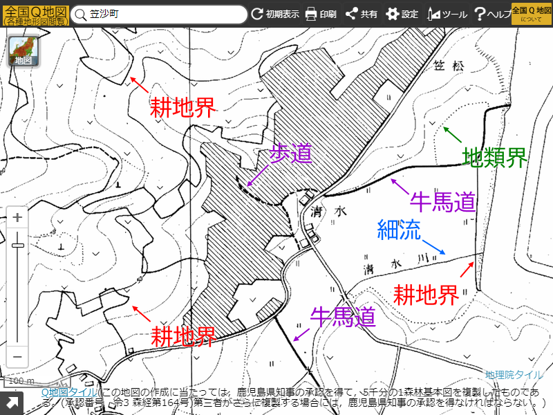 図3　鹿児島県森林基本図（笠沙町）。耕地界（実線）を道路と見間違わないよう注意