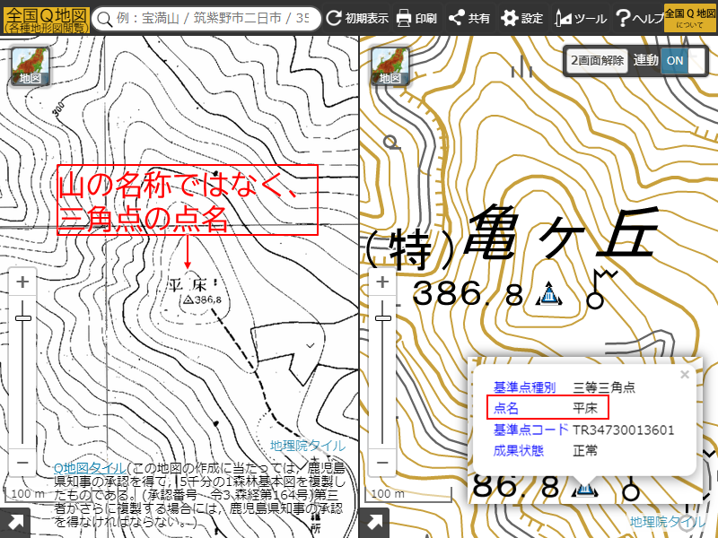 図4　鹿児島県森林基本図（笠沙町）。三角点の点名の注記（山の名前とは限らない）