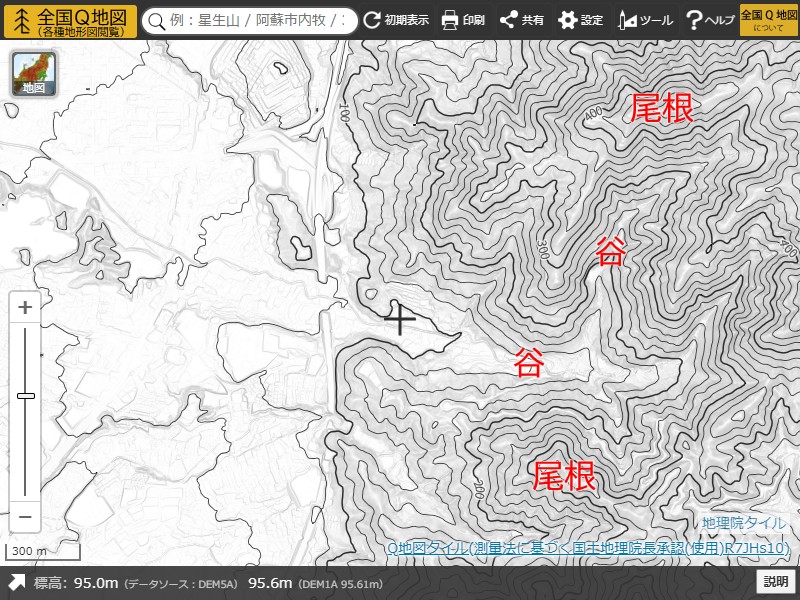 主曲線（細線）と計曲線（太線）が表示された等高線の例