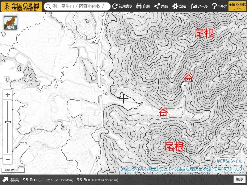 主曲線（細線）と計曲線（太線）が表示された等高線の例