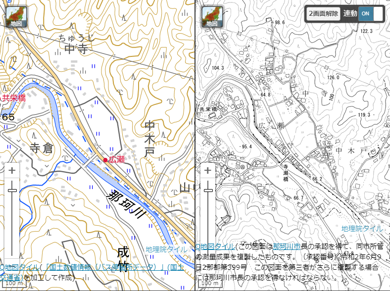 広瀬バス停:国土地理院地形図(左)には載っていないが那珂川市1万分1地形図(右)には記載(福岡県那珂川市)