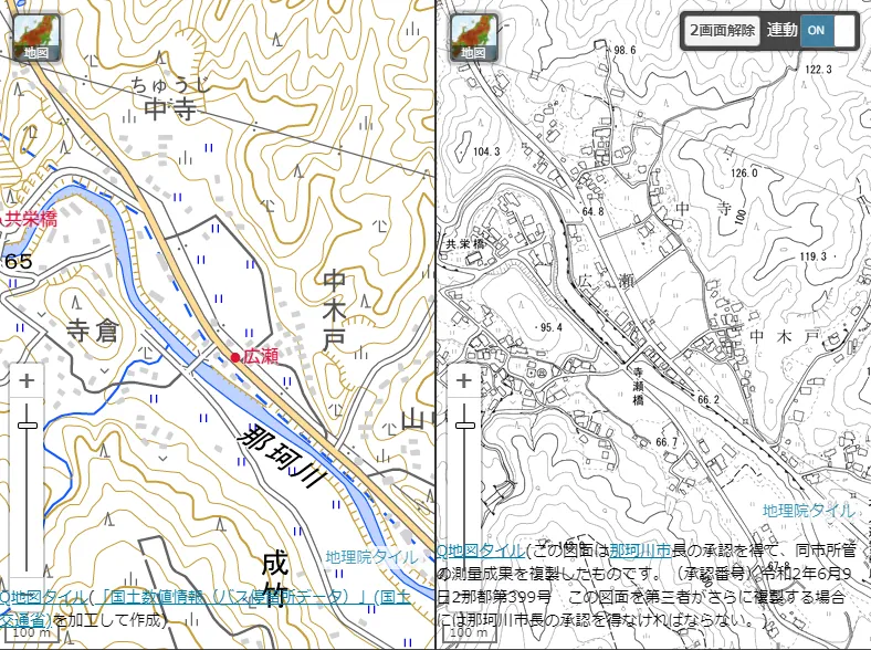 広瀬バス停：国土地理院地形図（左）には載っていないが那珂川市1万分1地形図（右）には記載（福岡県那珂川市）