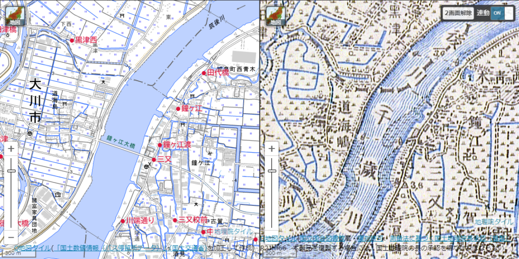鐘ヶ江渡バス停:陸地測量部の古い地形図に渡船の記号がある