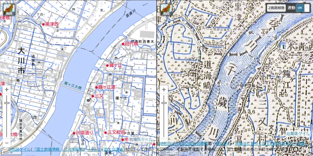 鐘ヶ江渡バス停：陸地測量部の古い地形図に渡船の記号がある