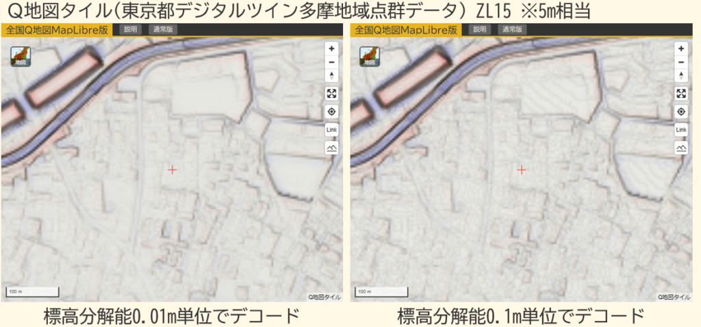 標高分解能の違いによるCS立体図の比較（左：0.01m単位、右：0.1m単位）
