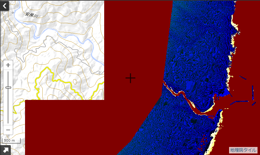 標高タイルにおける無効値の表示例（赤色部分が無効値）