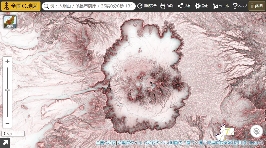 全国Q地図 - 阿蘇山周辺のMPI赤色立体地図