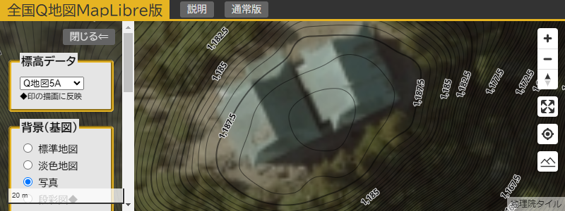 等高線を使った山頂の標高読み取り例（英彦山中岳、最高等高線1188.5m）