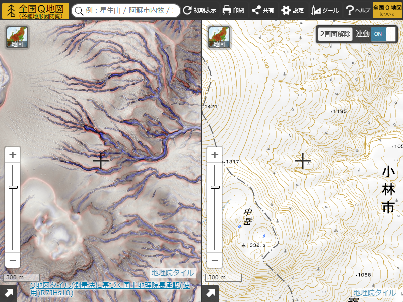CS立体図の例（左）と地形図（右）
