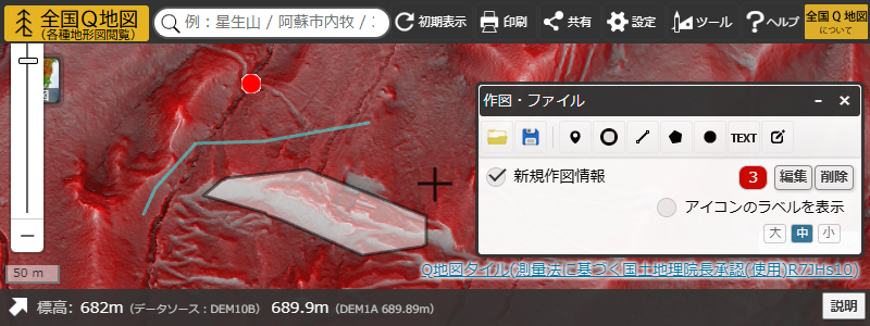 赤色立体地図上に図形を描画した作図の例