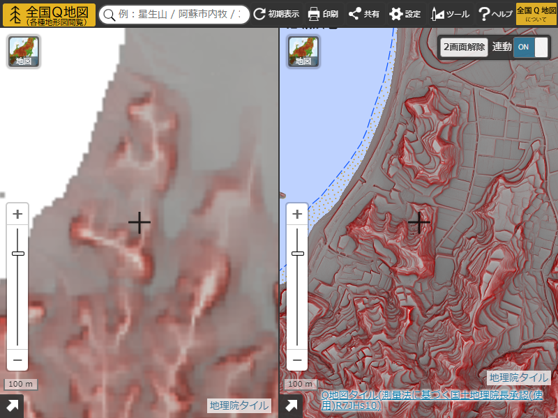 地理院地図（DEM10B使用、左）と全国Q地図（航空レーザデータ使用、右）の赤色立体地図の比較