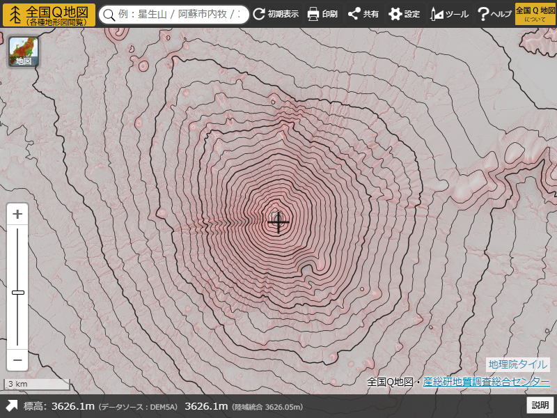 全国Q地図で等高線を表示した画面（背景：赤色立体地図50%）
