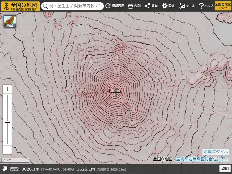 全国Q地図で等高線を表示した画面（背景：赤色立体地図50%）