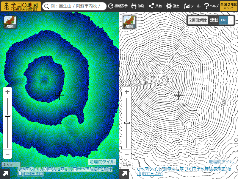 標高タイル（左：RGB値に標高値を格納）から生成した等高線（右）の比較