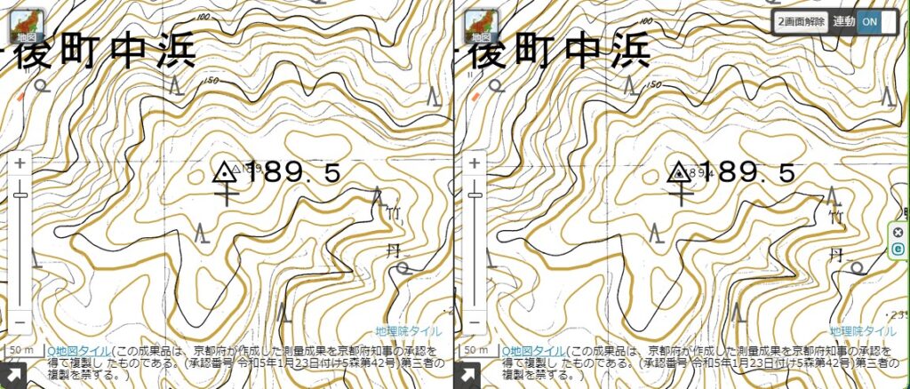 図4（左）　補正前：地理院地図（三角点）との重ね合わせ。ずれが見られる。