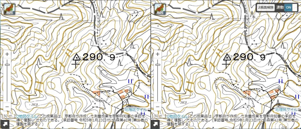 図4（右）　補正後：地理院地図（三角点）との重ね合わせ。整合している。