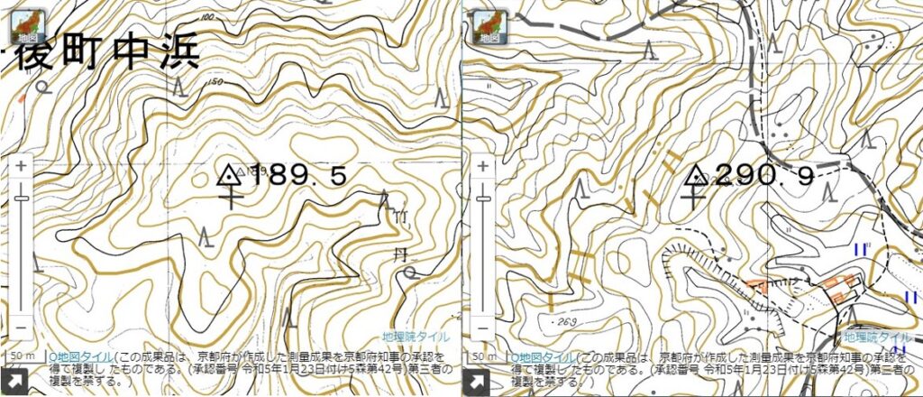 図2　京都府森林基本図と地理院地図（等高線）の重ね合わせ（左：補正前のずれ、右：ずれのない場合）